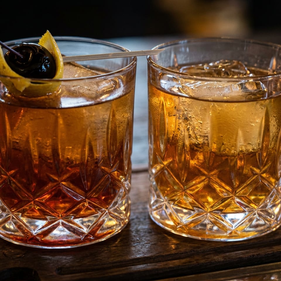 Two amber cocktails in cut-glass tumblers sit on a wooden bar, one garnished with a lemon twist and cherry.