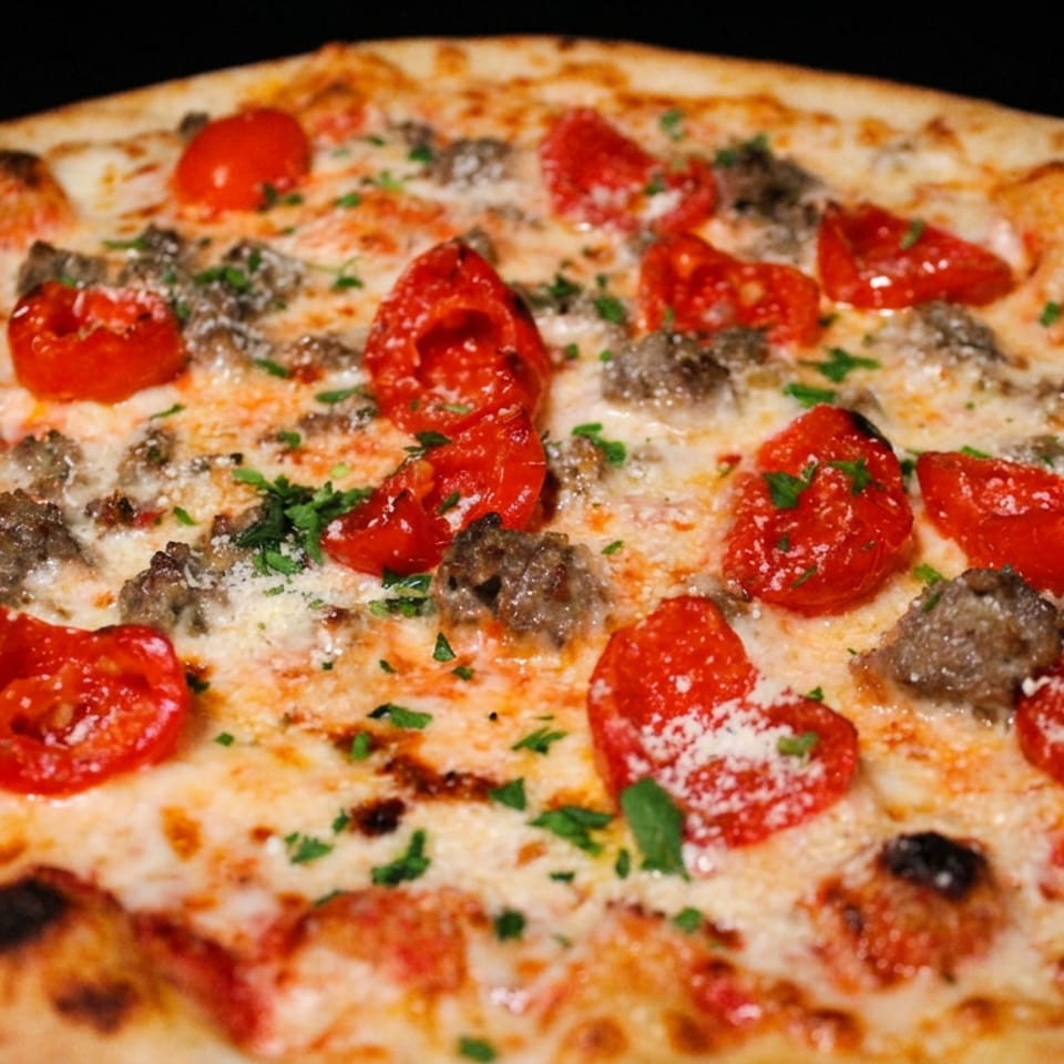 Thin-crust pizza topped with roasted tomatoes, ground meat, melted cheese, herbs, and grated cheese.