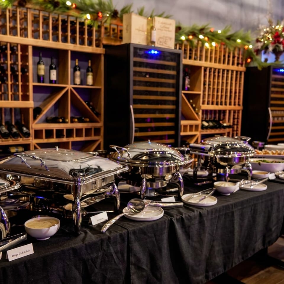 A buffet table with polished chafing dishes, serving utensils, and bowls stands before a festive, wine-lined restaurant wall.