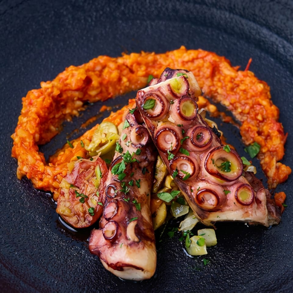Grilled octopus tentacles served over chopped vegetables and orange-red sauce on a black plate.