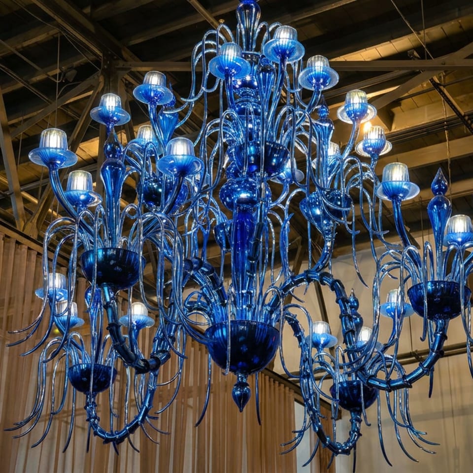 Ornate blue glass chandelier hangs in an industrial restaurant interior with exposed beams and warm lighting.