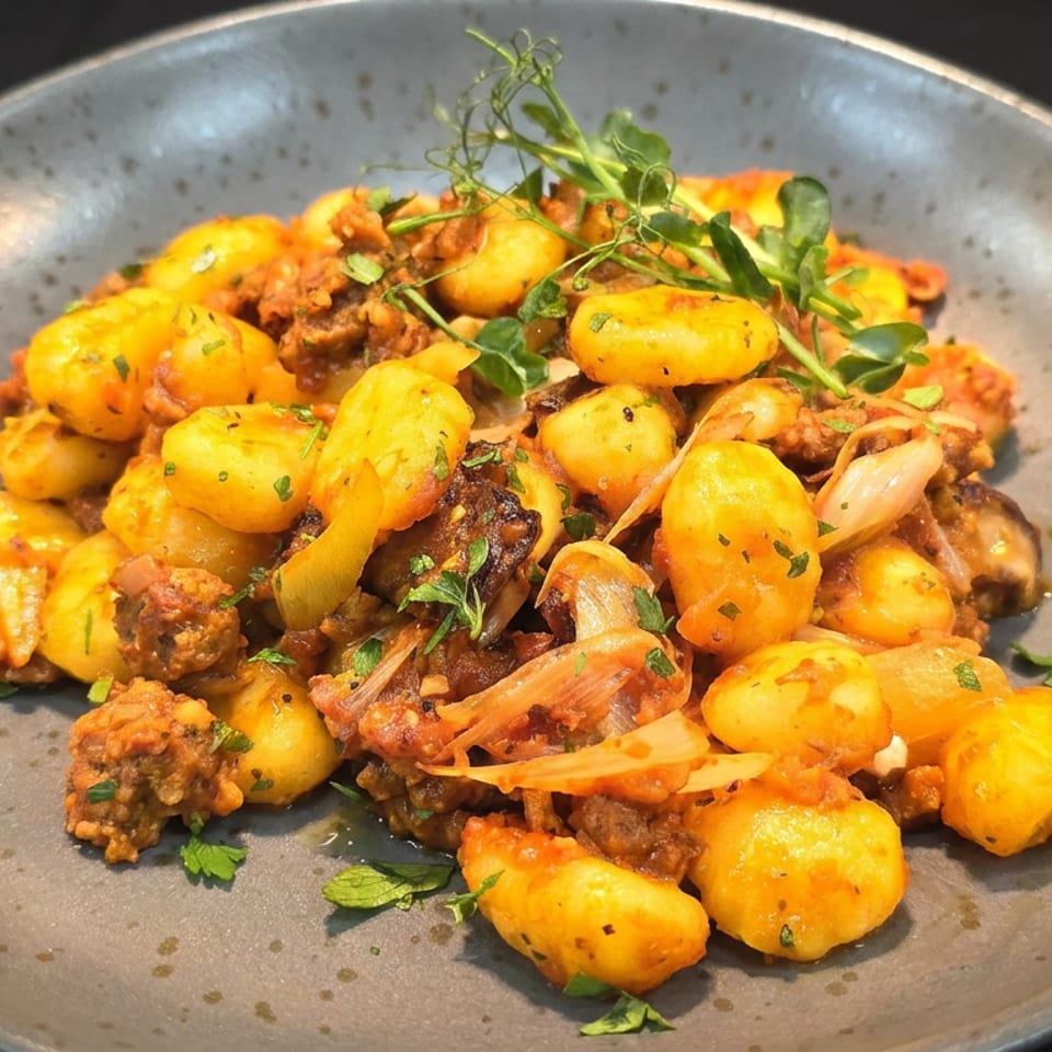 Golden gnocchi with sausage, roasted vegetables, herbs, and microgreens served on a rustic gray plate.