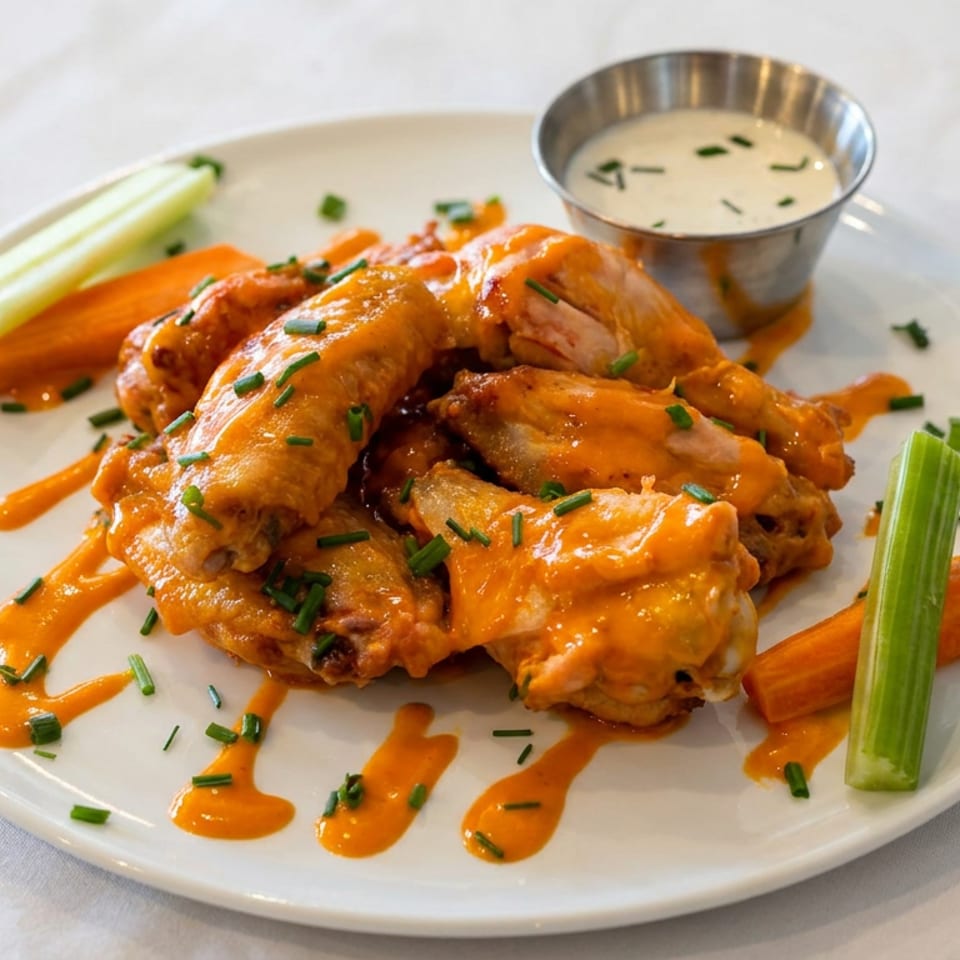 Buffalo chicken wings garnished with chives, served with carrot and celery sticks and creamy dipping sauce.