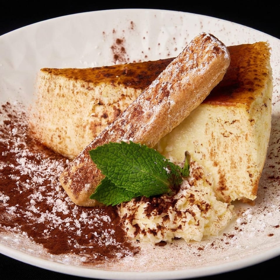 Dessert crepes filled with ice cream, topped with a cinnamon-dusted pastry roll and mint, on a cocoa-sprinkled plate.