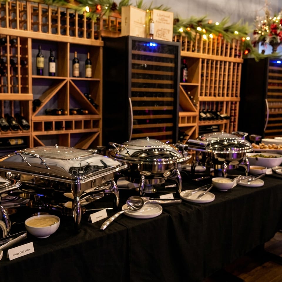 Elegant restaurant buffet with covered chafing dishes, serving utensils, plates, and wine racks decorated with festive greenery and lights.