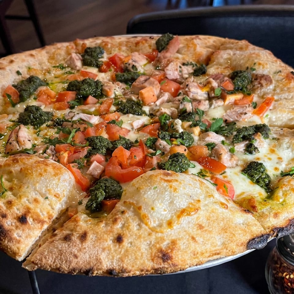Wood-fired pizza topped with chicken, tomatoes, herbs, pesto, and melted cheese on a restaurant table.