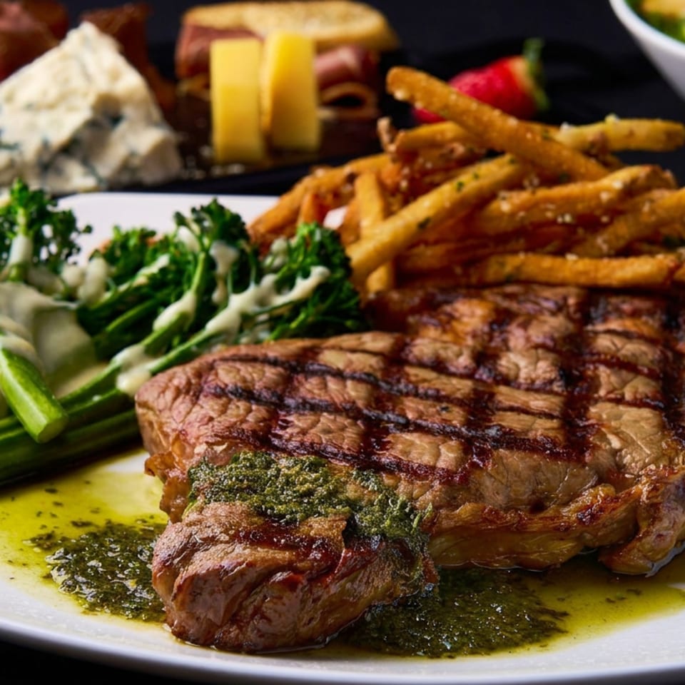 Grilled steak with herb sauce, fries, and creamy greens served on a white plate, with cheese, grapes, and salad in the background.