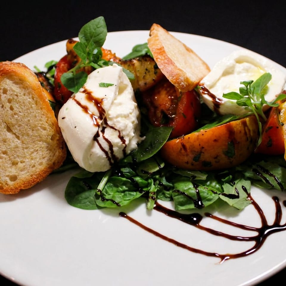 Plated salad with burrata, grilled vegetables, leafy greens, toasted bread, cherry tomatoes, and balsamic drizzle.