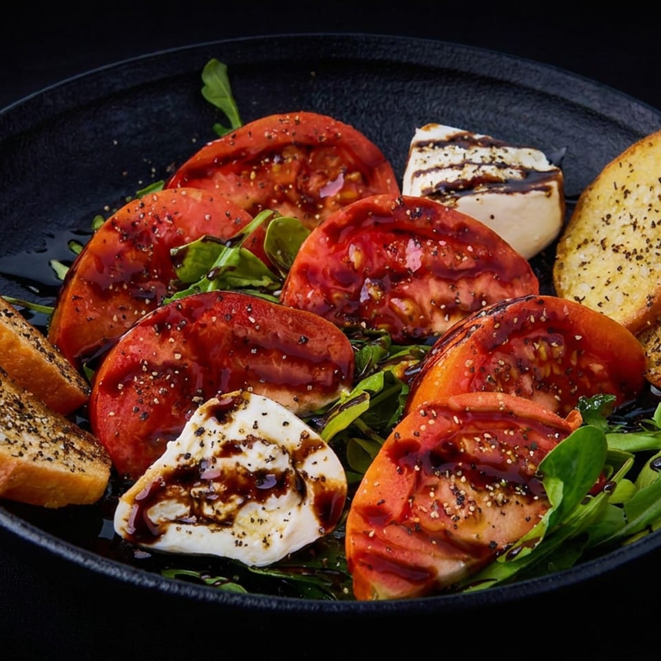 Black bowl of sliced tomatoes, grilled cheese, leafy greens, and herb-seasoned toasted bread.