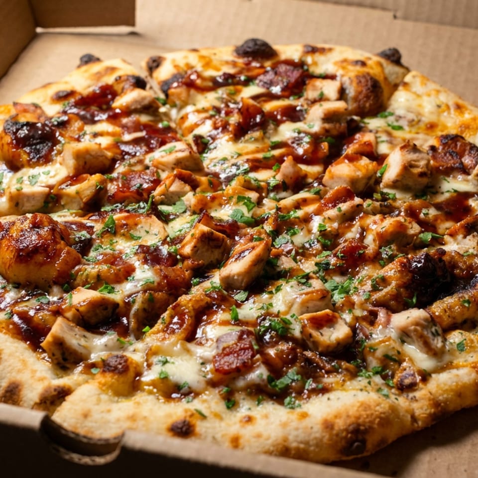 Loaded wood-fired pizza topped with grilled chicken, bacon, mushrooms, melted cheese, barbecue sauce, and parsley in a cardboard box.